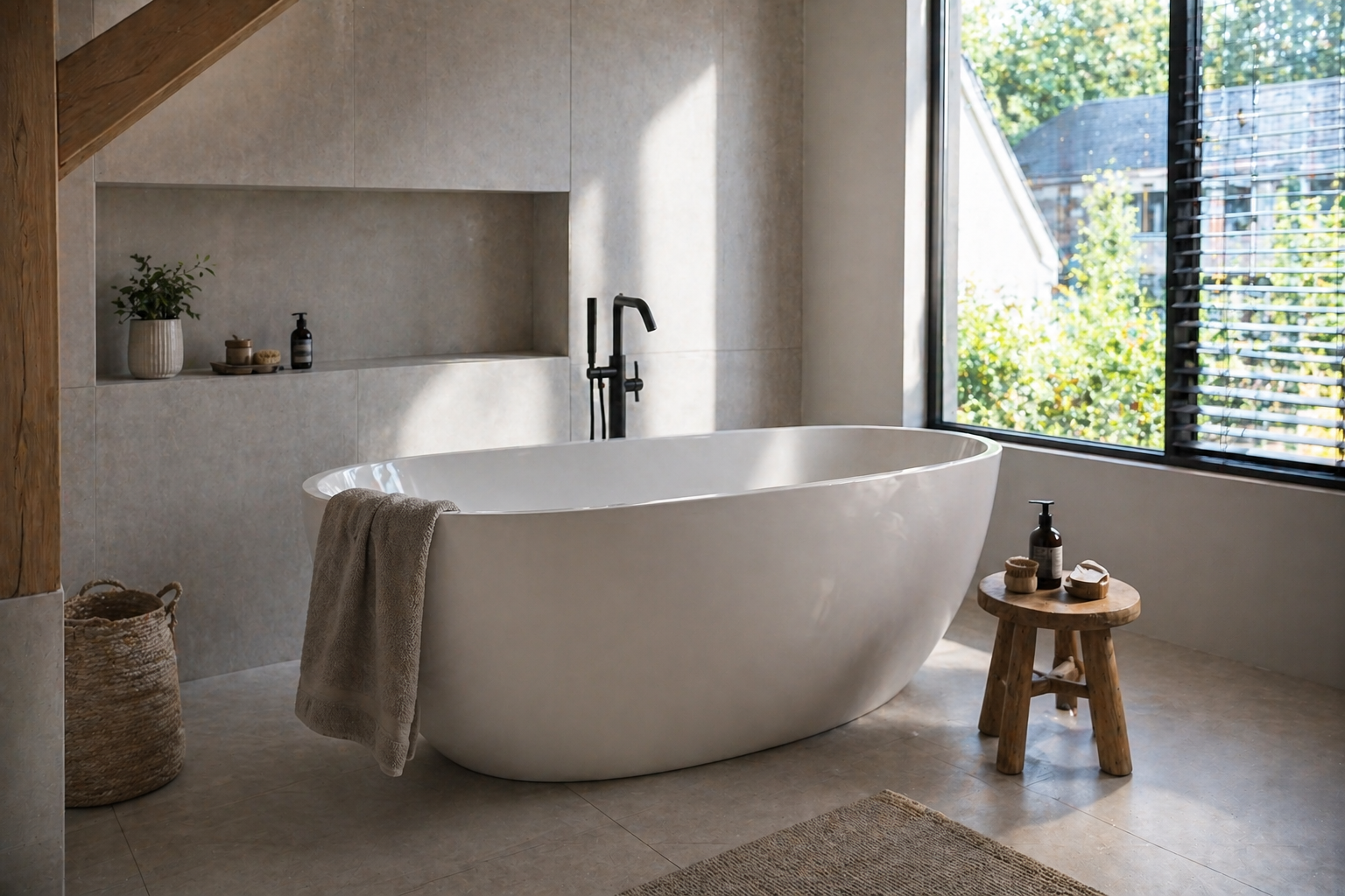 Freistehende Badewanne in modernem Bad mit Fensterfront