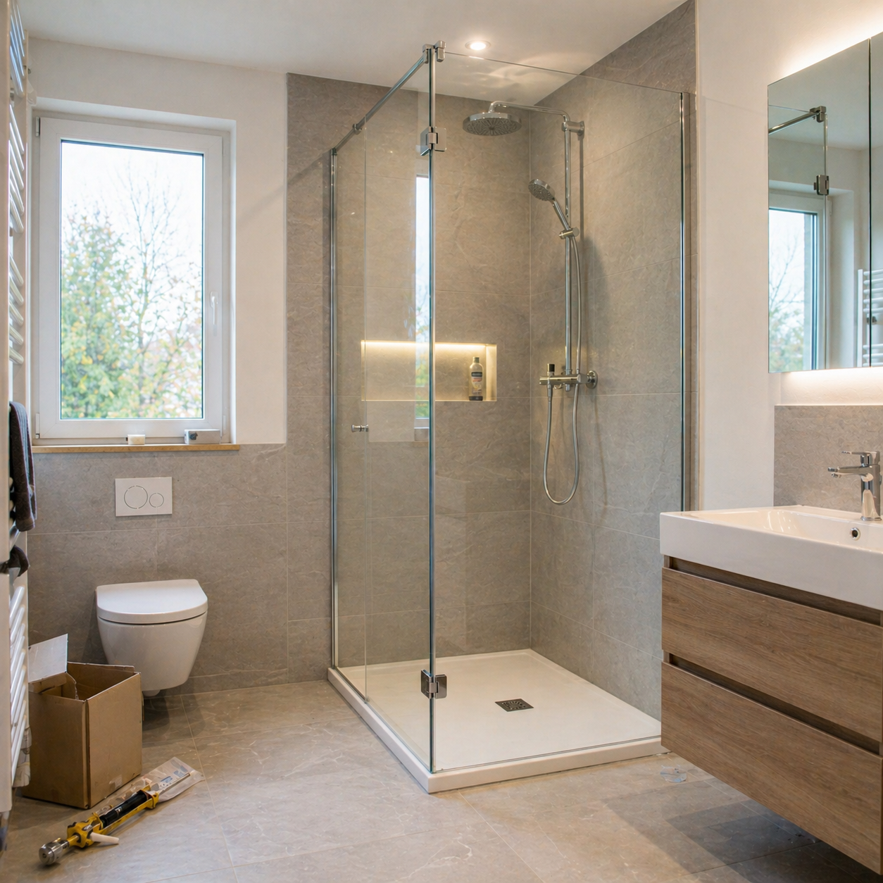 Modernes Badezimmer mit ebenerdiger Glasdusche nach Sanierung