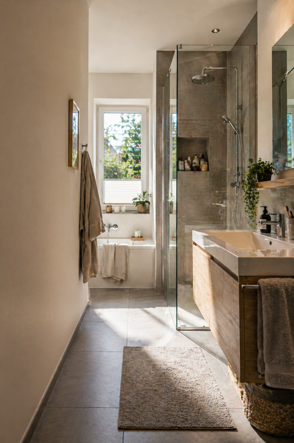 Modernes Badezimmer mit ebenerdiger Dusche und Holz-Waschtisch