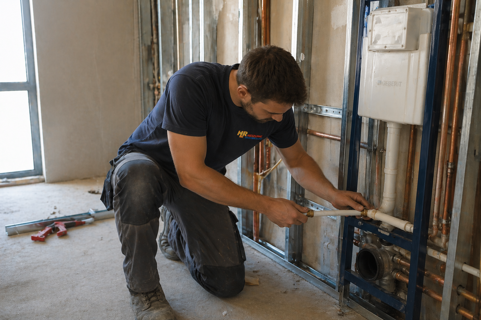 Monteur installiert Vorwandinstallation mit Geberit-Spülkasten und Kupferrohren