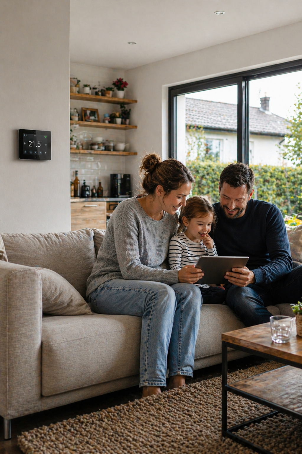 Familie genießt modernes Zuhause mit smarter Heizungssteuerung