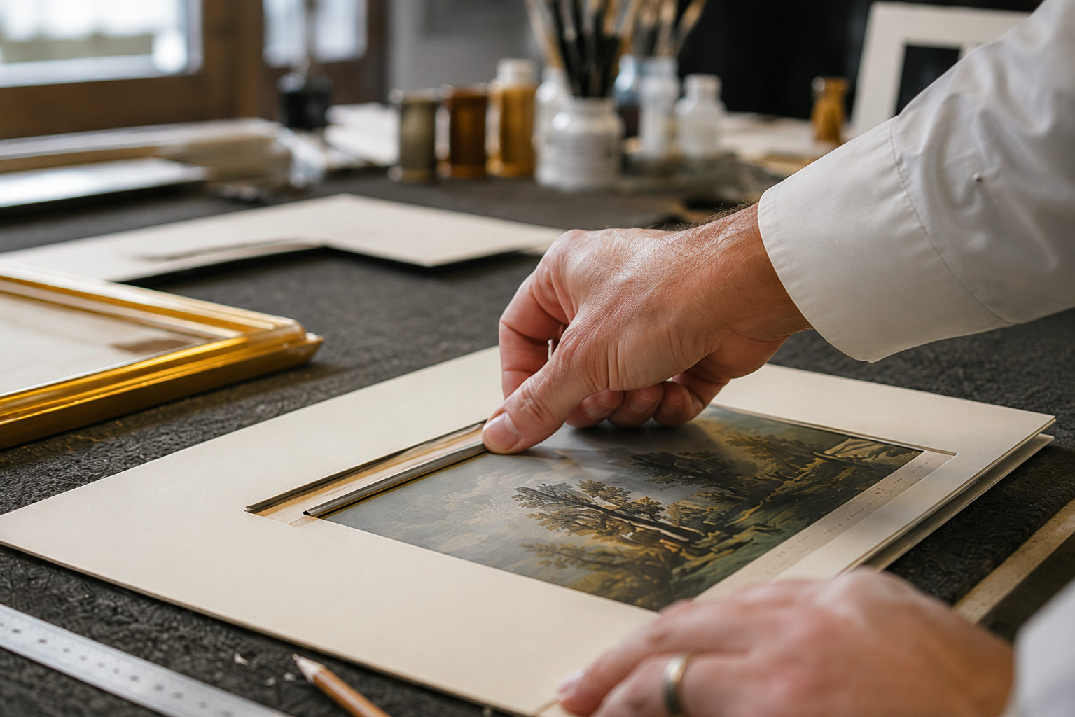 Hand bei der Einrahmung eines Kunstwerks