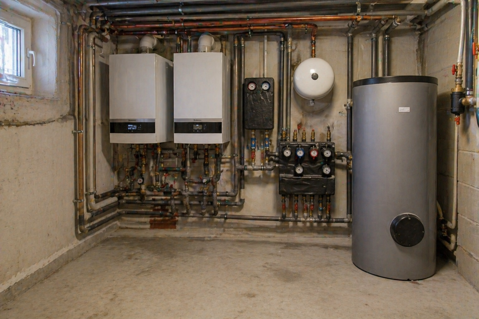 Moderner Heizungsraum mit Brennwertgeräten, Verteilern und Pufferspeicher, installiert von HLR