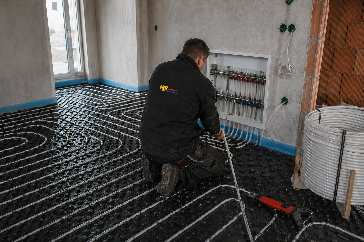 HLR-Mitarbeiter bei der Verlegung einer Fußbodenheizung