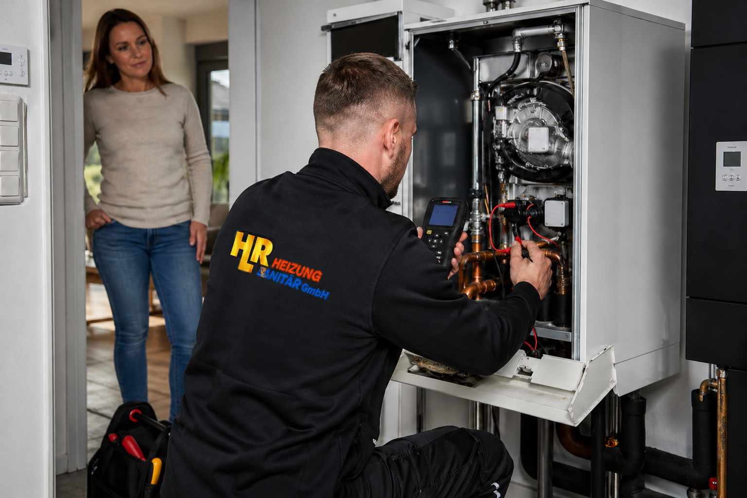 Mitarbeiter der H-L-R Heizung und Sanitär GmbH bei der Wartung einer Gastherme