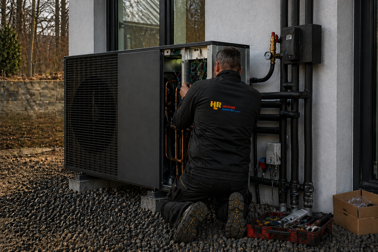 HLR-Mitarbeiter bei der Installation einer Wärmepumpe vor einem Wohnhaus