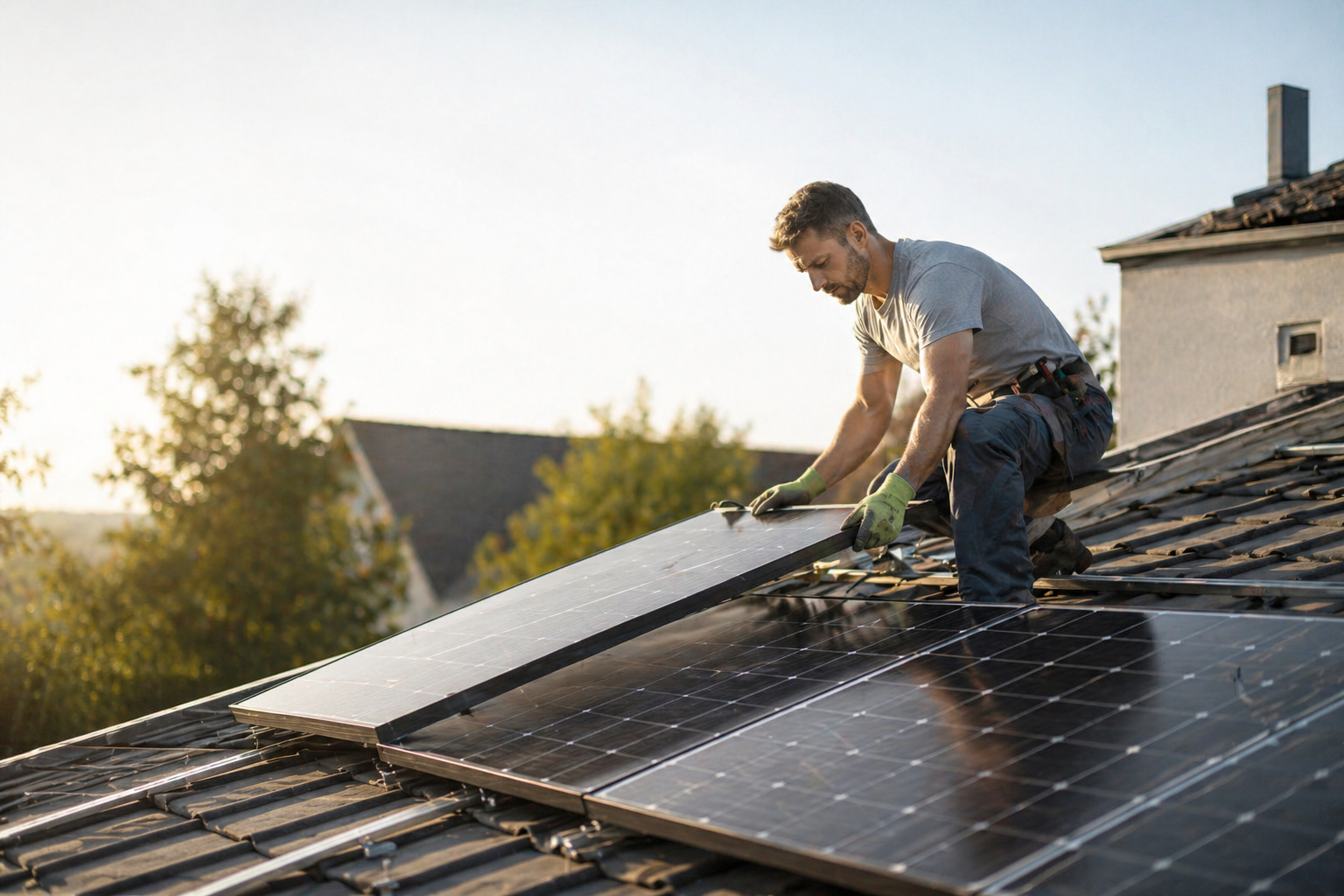 Monteur installiert Solarmodule auf einem Hausdach