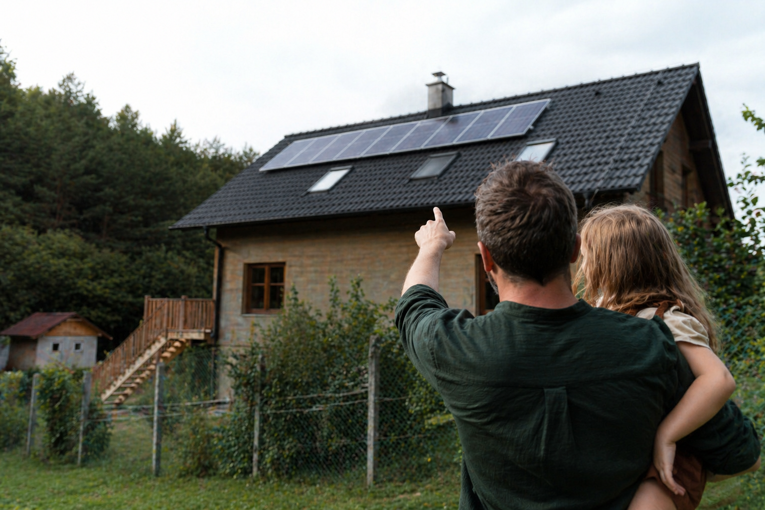 Vater und Kind betrachten Solaranlage auf dem Hausdach