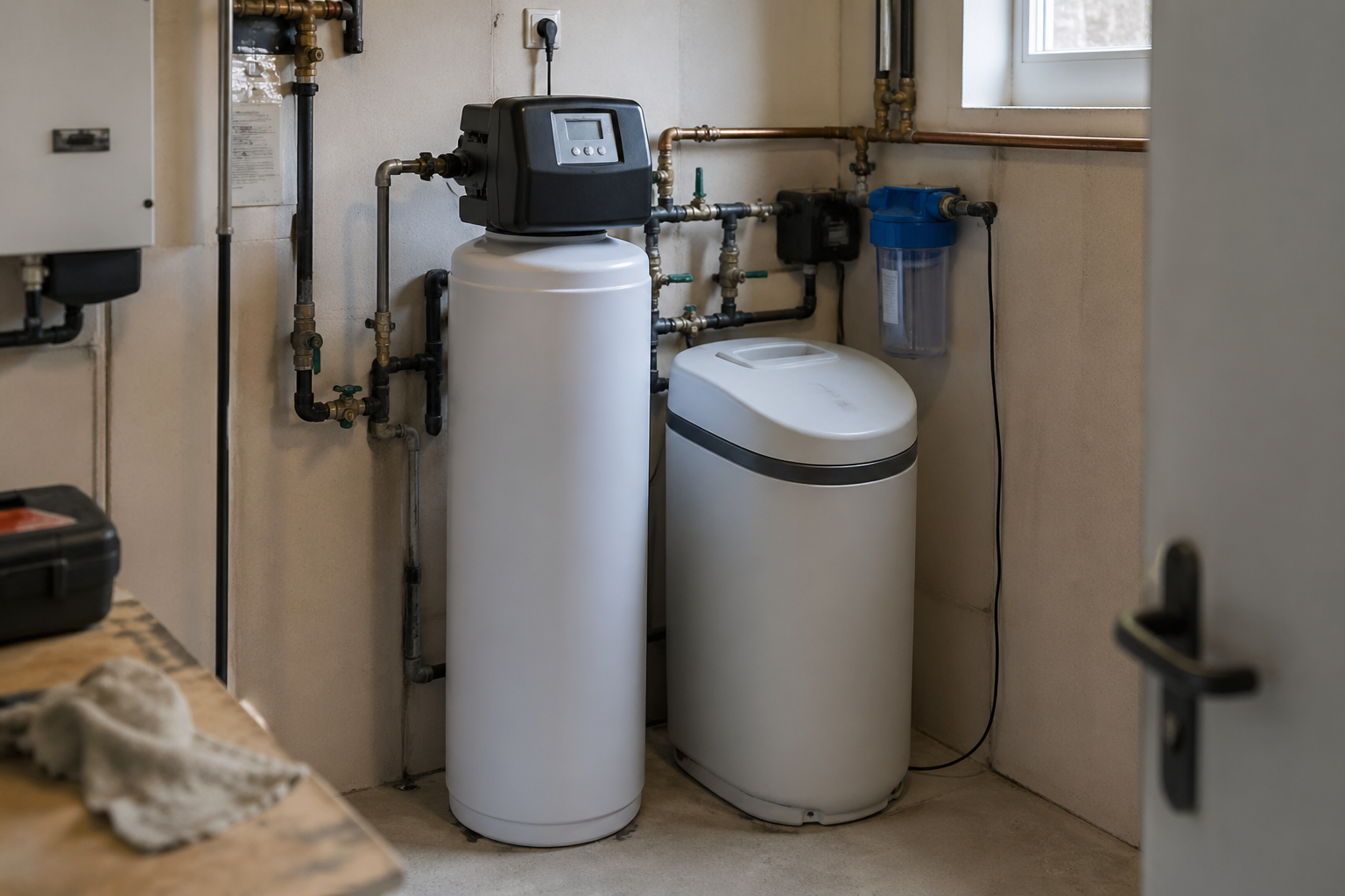 Moderne Wasserenthärtungsanlage im Hausanschlussraum