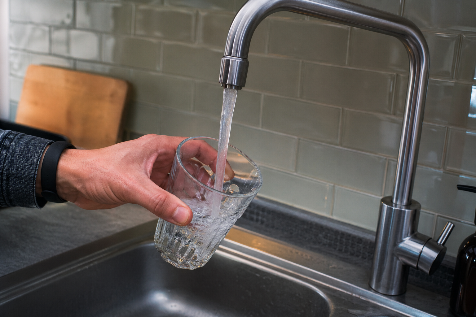 Hand füllt ein Glas mit klarem Wasser aus moderner Küchenarmatur