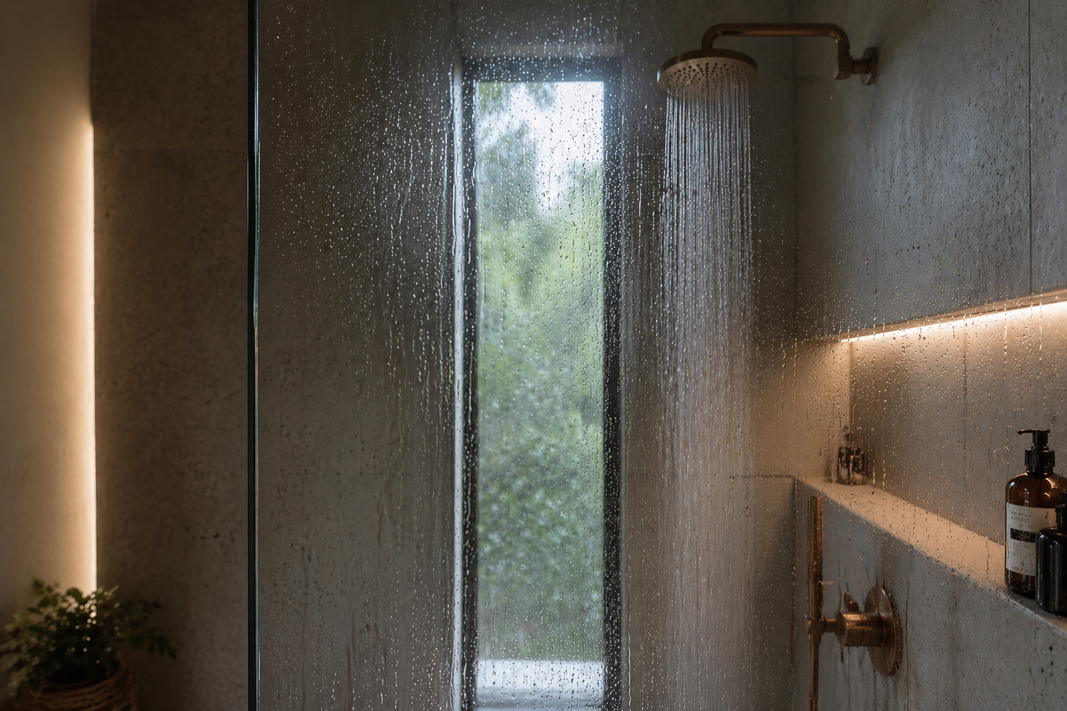 Moderne Regendusche mit fließendem Wasser im Bad