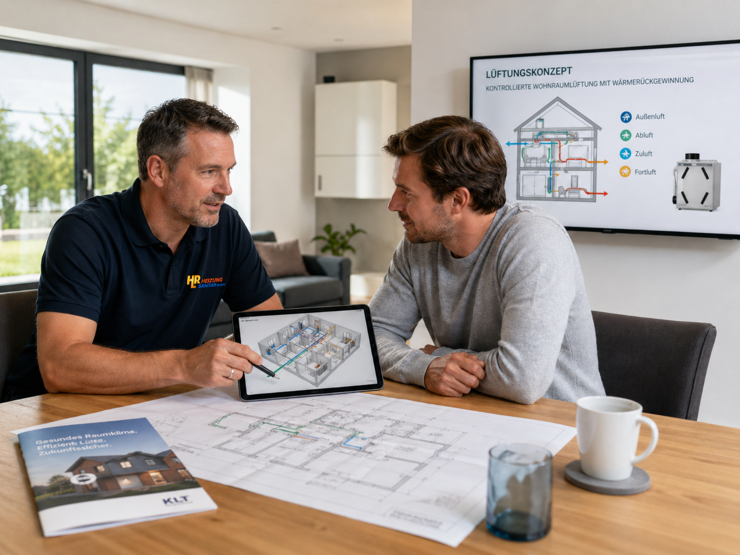 Beratungsgespräch zur kontrollierten Wohnraumlüftung mit Tablet und Lüftungskonzept