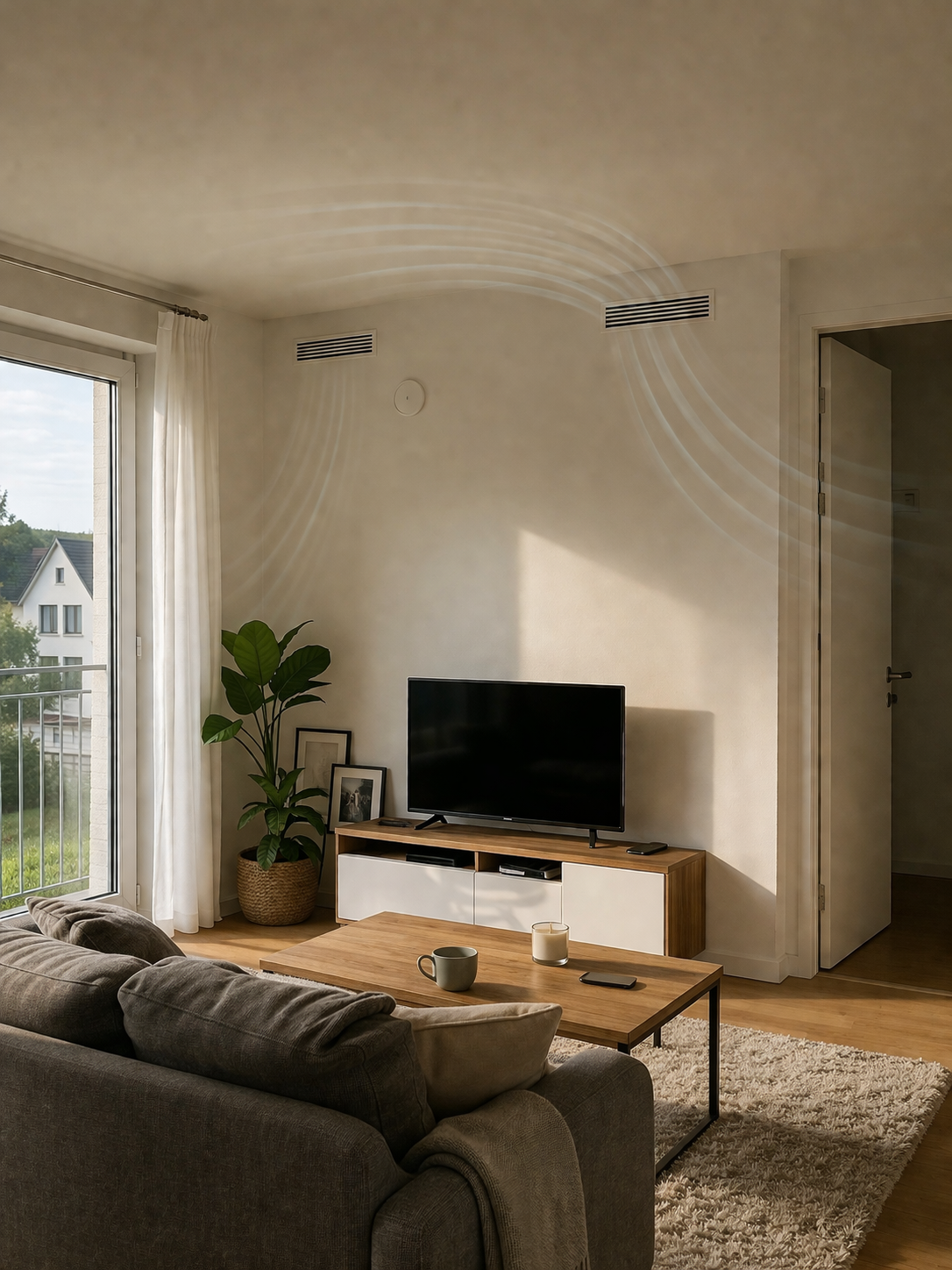 Modernes Wohnzimmer mit Lüftungsauslässen an der Wand