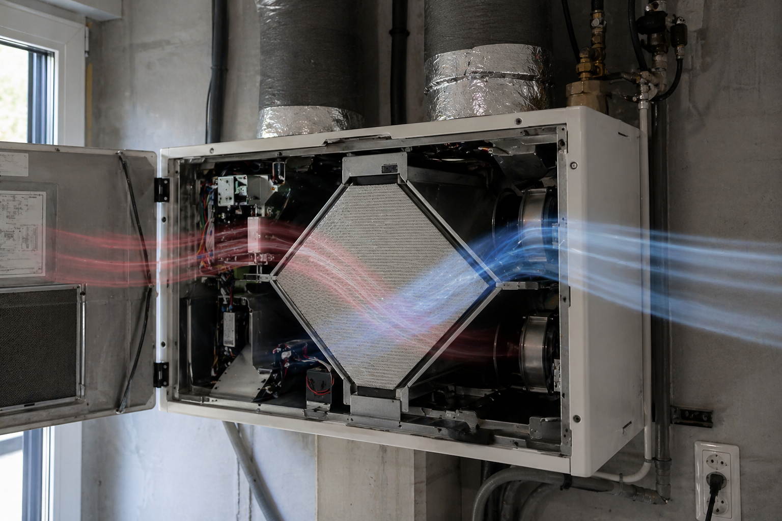 Geöffnetes Lüftungsgerät mit sichtbarem Wärmetauscher und visualisierten Luftströmen