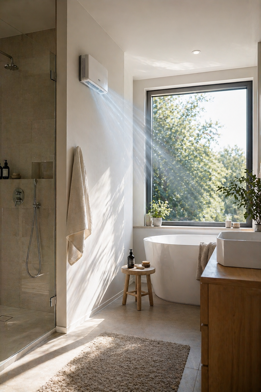 Wandmontiertes Lüftungsgerät in modernem, hellem Badezimmer mit Fenster