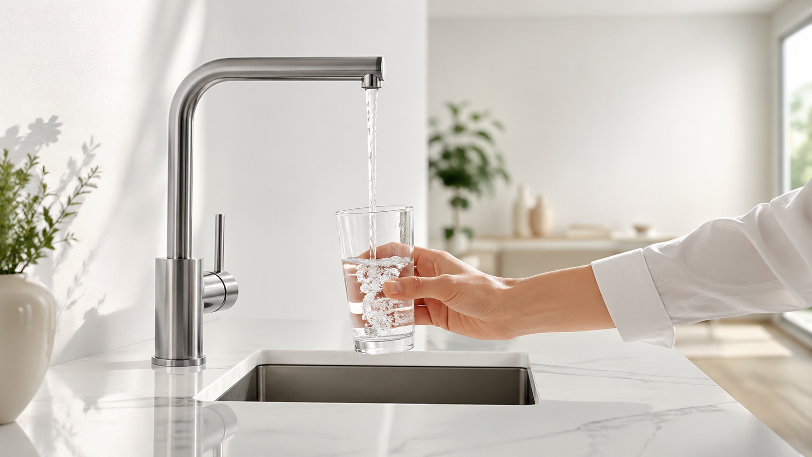 Klares Wasser läuft aus einem Wasserhahn in ein Glas